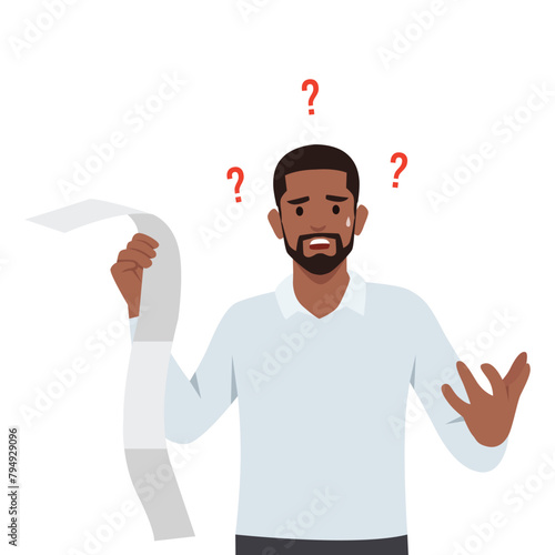 Financial theme with weary and shocked man holding and perusing the very long bill. Financial problem concept. Flat vector illustration isolated on white background