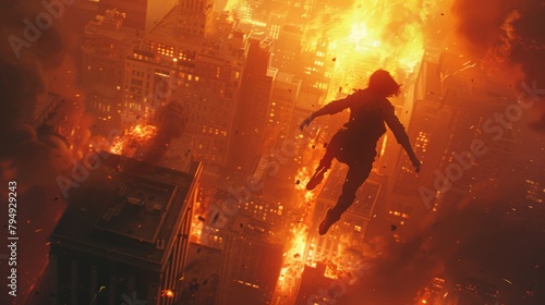 Daring rooftop escape: A figure leaps amidst an explosive urban backdrop