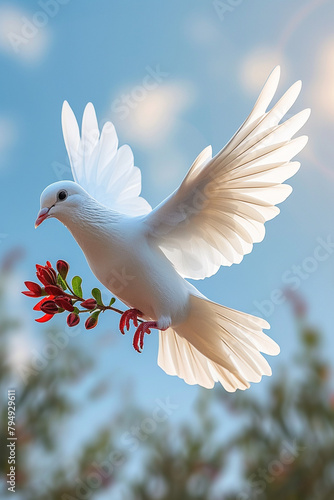 A white dove is flying with a red flower in its beak