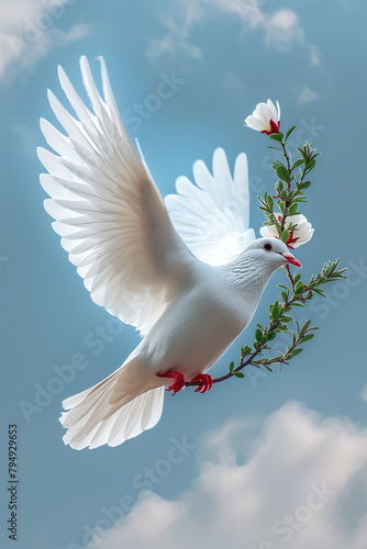 A white dove is perched on a branch with a flower