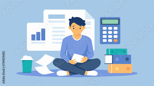 A person sitting in front of a spread of papers and calculators strategizing how to avoid overdraft fees.
