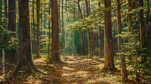 An idyllic woodland scene showcasing the rugged beauty of an Eastern Red Cedar forest  with sunlight filtering through the dense canopy and illuminating the forest floor 