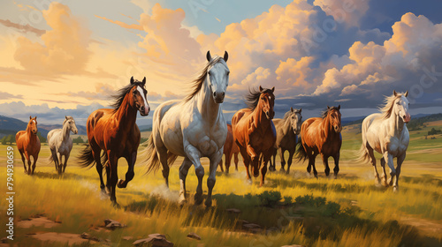 Painting of a herd of horses running freely in a green field. On a day when the sky is clear and beautiful  images for wallpaper or wall pictures