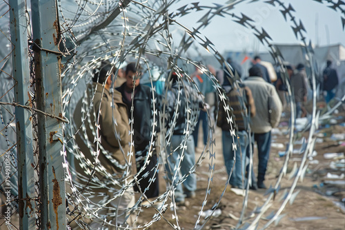 Barbed wire in refugee camp. Migrants behind chain link fence in camp. Group of people behind fence photo