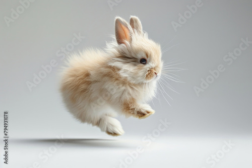 A fluffy bunny caught mid-hop