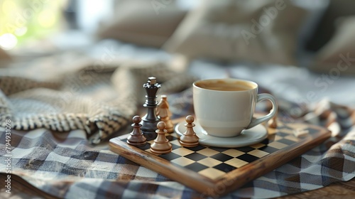 Cup of coffee with chess board on bed, closeup photo