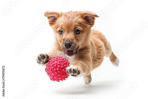 A playful puppy pouncing on a toy