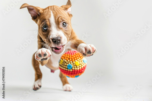 A playful puppy pouncing on a toy photo