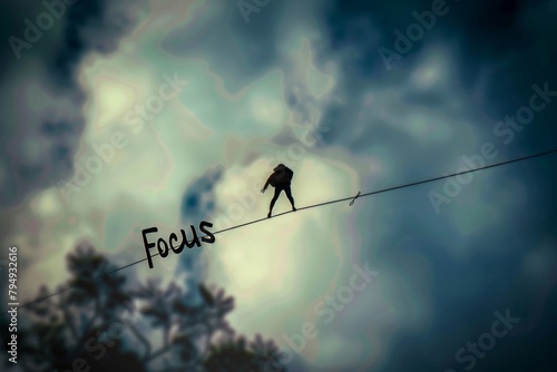 A person is balancing on a tightrope with the word "Focus" on it.