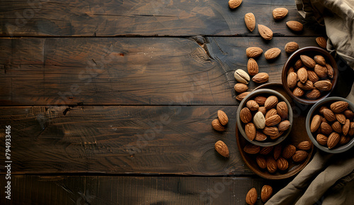 Bowl of Almonds on wooden table.