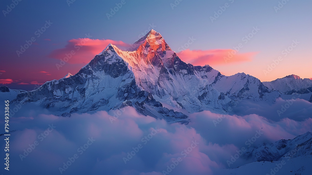 A mountain with a pink and orange sky in the background A mountain with a pink and orange sky in the background