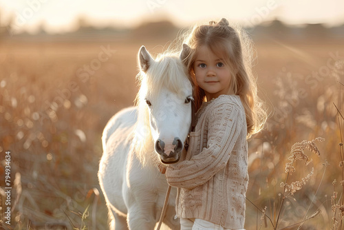 A little girl child standing with her white cute pony on the paddock
