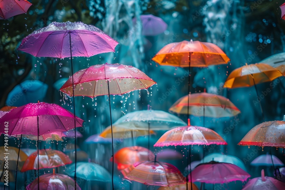 Whimsical Wonderland of Vibrant Umbrellas Casting Enchanting Reflections in the Rain