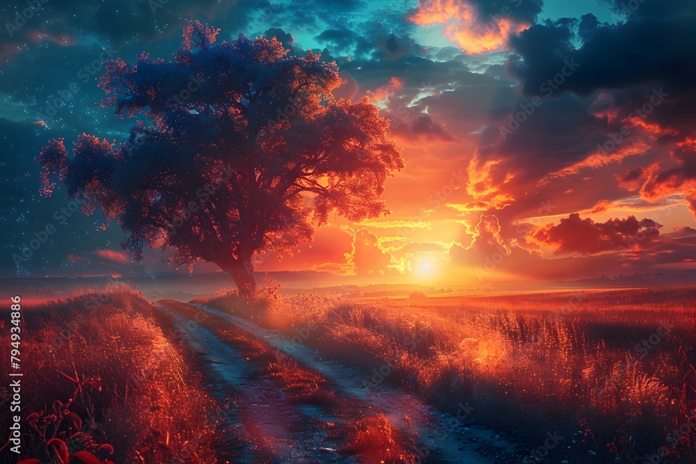 Luminous and Captivating Landscape at Radiant Sunset with Glowing Skies and Serene Countryside Pathway