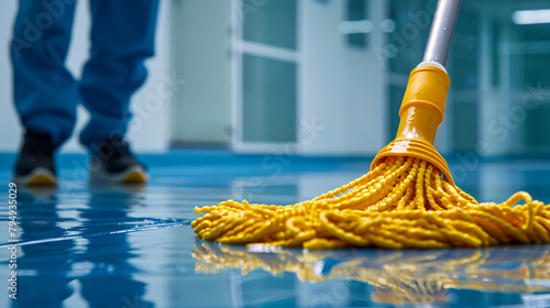 Detail of cleaning with mop and bucket, emphasizing hygiene and housework photo