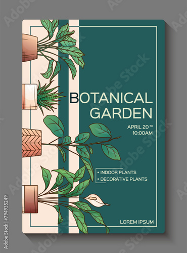 Poster design with vector illustration of houseplants. Potted ficus, peace lily plant, aglaonema, haworthia plant. Flower shop, home garden concept. 