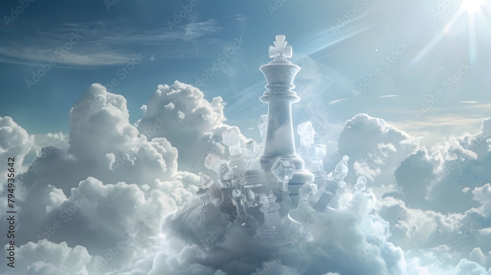 Mistful Majesty An Ethereal Chess King Guides Crystal Pawns Through a Celestial Cloudscape Generative ai