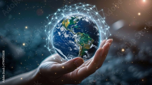 Hand holding the Earth with glowing network - A human hand holds a vibrant representation of Earth encased in a luminous network symbolizing global connectivity and environmental awareness photo
