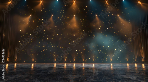 Empty Stage Illuminated by Spotlights with Stars in Background