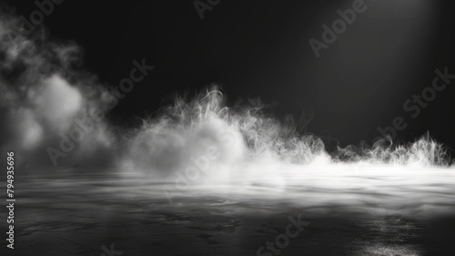 Misty smoke over reflective surface - A monochromatic image featuring billowing smoke spreading across a reflective floor, with subtle light effects