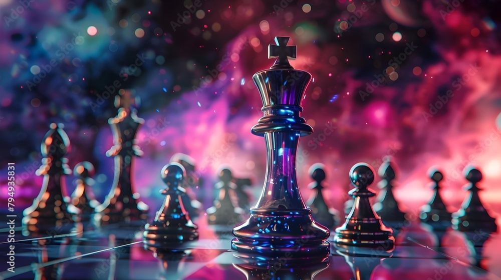 Obraz premium Holographic Chess King Surveying a DataFueled Battlefield of Advanced Pawns Generative ai