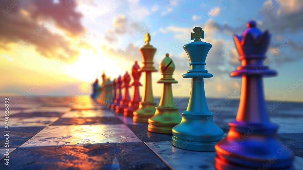 Vibrant chess pieces lined up facing sunset - A striking image of chess pieces on the board with a dramatic sunset in the background, symbolizing strategy and competition
