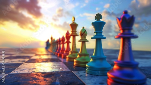 Vibrant chess pieces lined up facing sunset - A striking image of chess pieces on the board with a dramatic sunset in the background, symbolizing strategy and competition