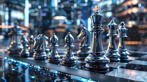 Futuristic Robot King Commands Metallic Chess Army against Cityscape Generative ai