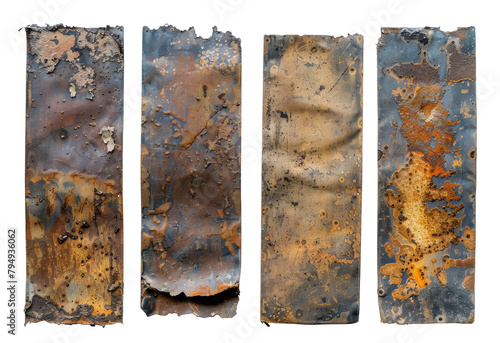 Set of four rusted metal plates isolated on transparent background