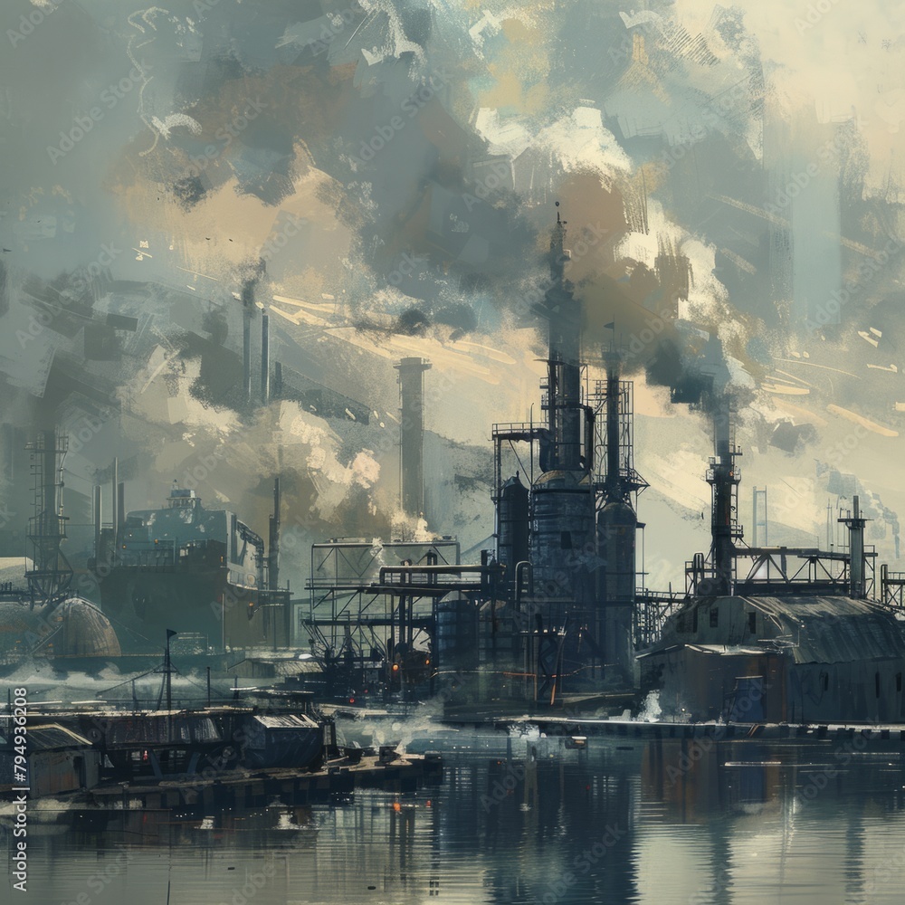 Artistic painting of industrial waterfront - Abstract painting capturing the atmospheric setting of an industrial waterfront with smoke