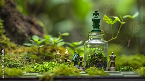 Emerald King Presiding Over Diamond Chessboard in Lush Terrarium Generative ai photo