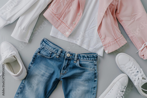 White flying cotton T-shirt, blue jeans, white leather sneakers, fashionable pink blazer jacket isolated on gray background. Clean Branding clothes. Mock up for your design. Spring Summer Clothing
 photo