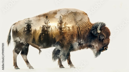Closeup design of big american bison walking double exposure with mountain landscape and forest overlay isolated