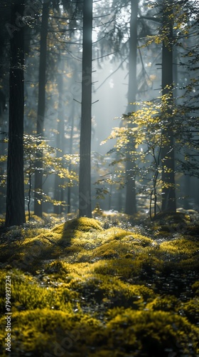 A misty forest with sunlight filtering through the dense canopy, casting eerie shadows on the mosscovered ground