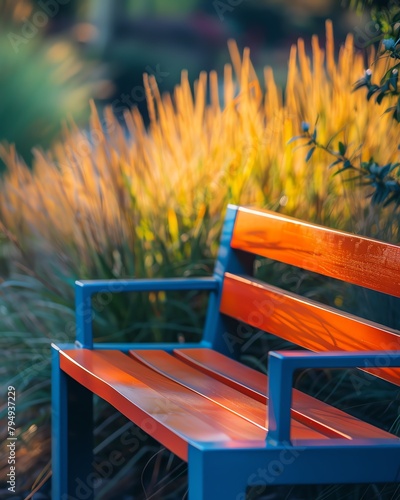 A minimalist, modern garden chair with sleek lines and a pop of vibrant color