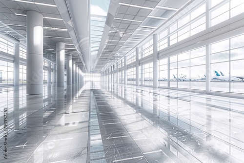 3D rendering of office background, modern business hall with light reflection on the floor, airport for background.