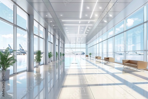 3D rendering of office background  modern business hall with light reflection on the floor  airport for background.