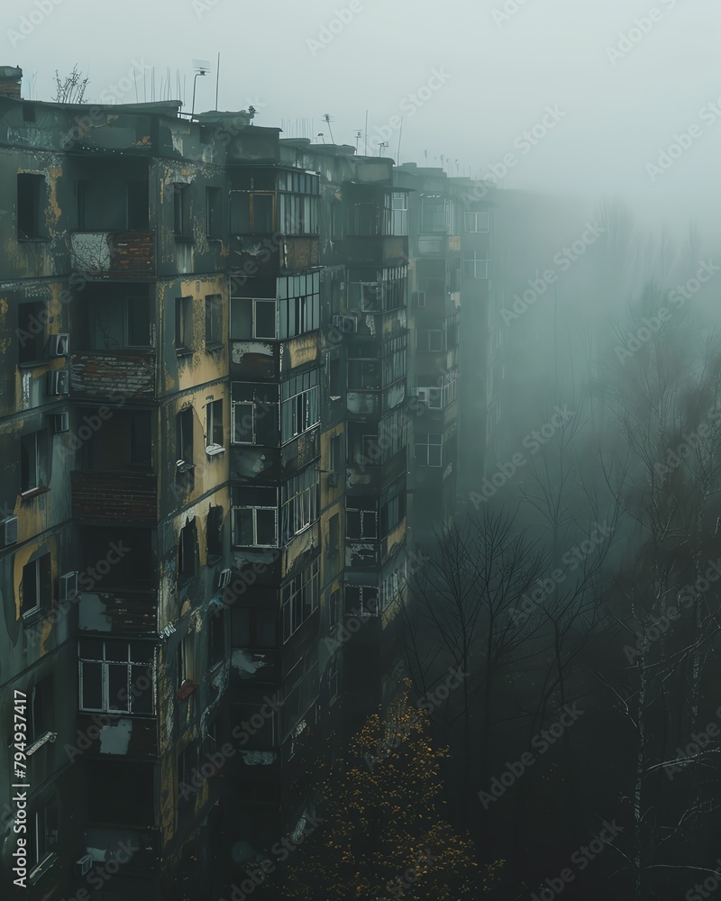 An abandoned cityscape engulfed in fog, where dilapidated buildings loom ominously in the distance