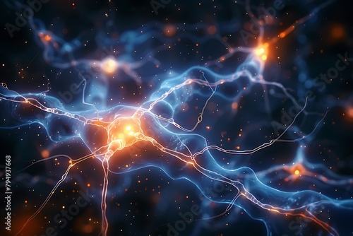 Neurons triggering brain activity triggering biological electrical nerve signal, chemical receptor cell, neurotransmitter, dendritic, and neural medicine photo