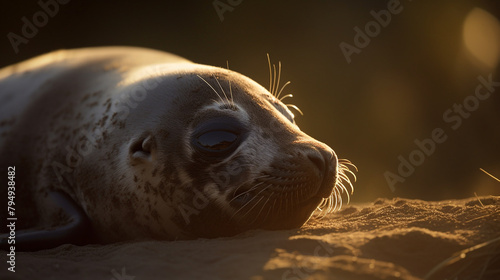 A playful seal pup basking in the warm glow of the afternoon sun, its whiskers twitching with contentment.