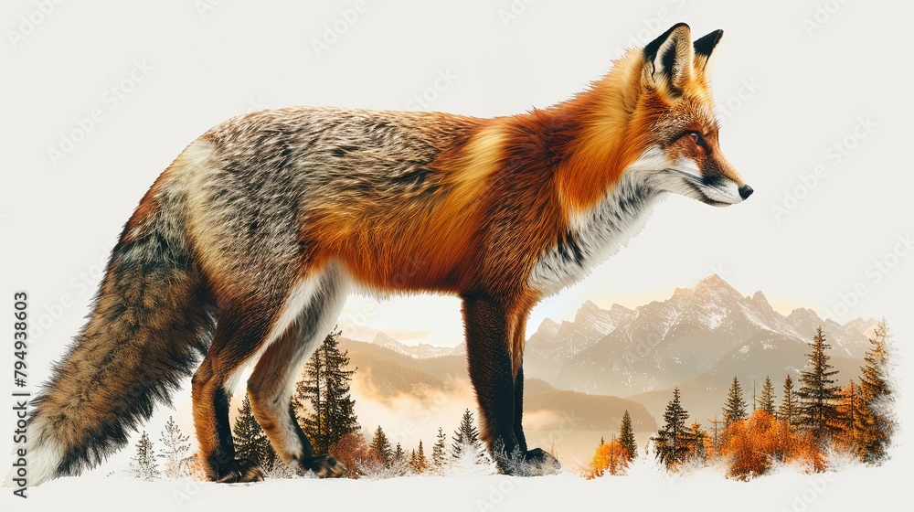 Double exposure graphic design of fox with mountain landscape and forest overlay isolated