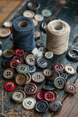 Various sewing buttons with a thread
