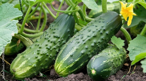 Cucumbers growing together on a vine in a garden