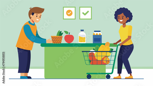 A cashier ringing up a cart full of groceries while the customer nervously watches the total reach an alltime high.