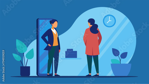 A person standing confidently in front of a mirror with the reflection showing them as a financially literate and responsible individual.