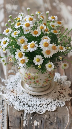 Yellow daisies in vase, table display of Chamaemelum nobile flowers