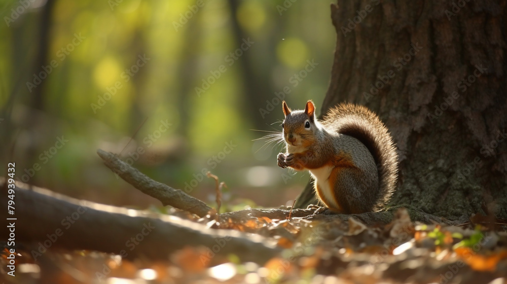 A playful squirrel gathering nuts in a sun