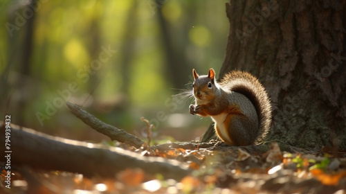 A playful squirrel gathering nuts in a sun © Creative