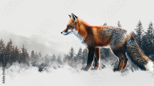 Fox graphic illustration with mountain landscape and forets overlay photo