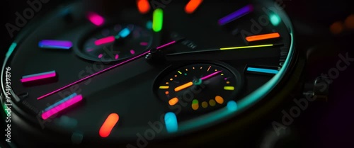An elegant, dark watch face with brightly colored hands and markers photo